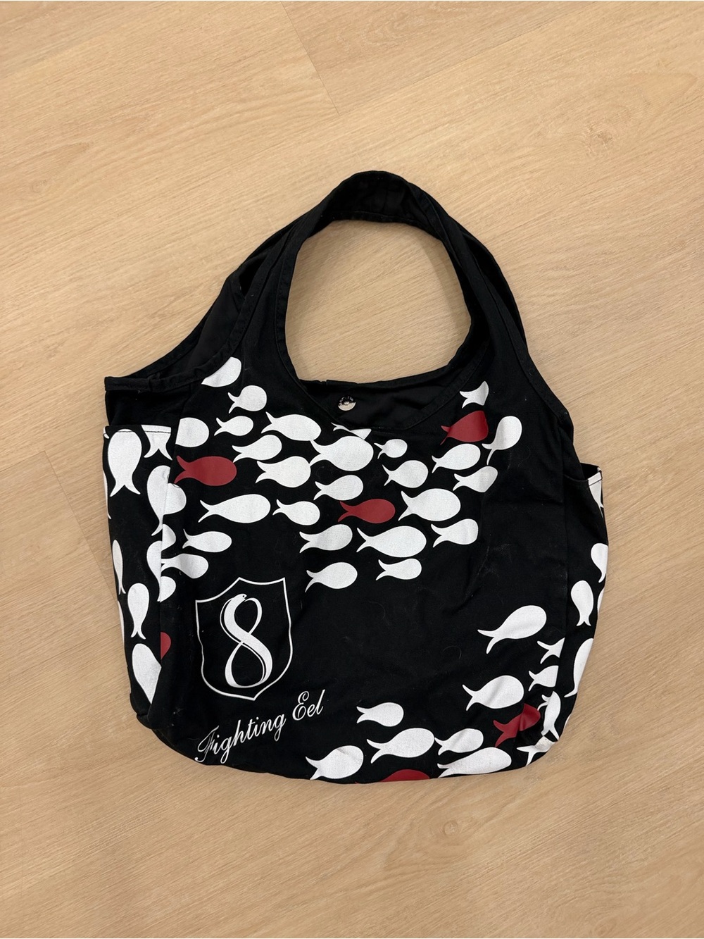 Fighting Eel Black Tote with White and Red Fish Print